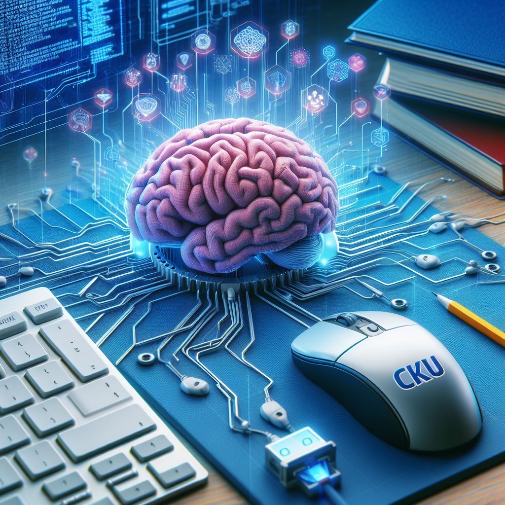 AI genereret billede af en hjerne hvor der er tilsluttet en mus og et tastatur